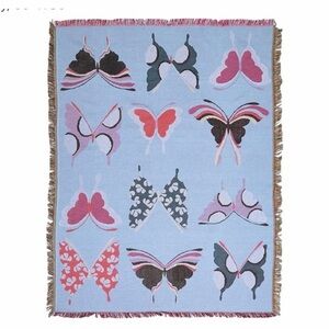Butterfly Pattern Woven Throw Blanket in Light Blue and Pink